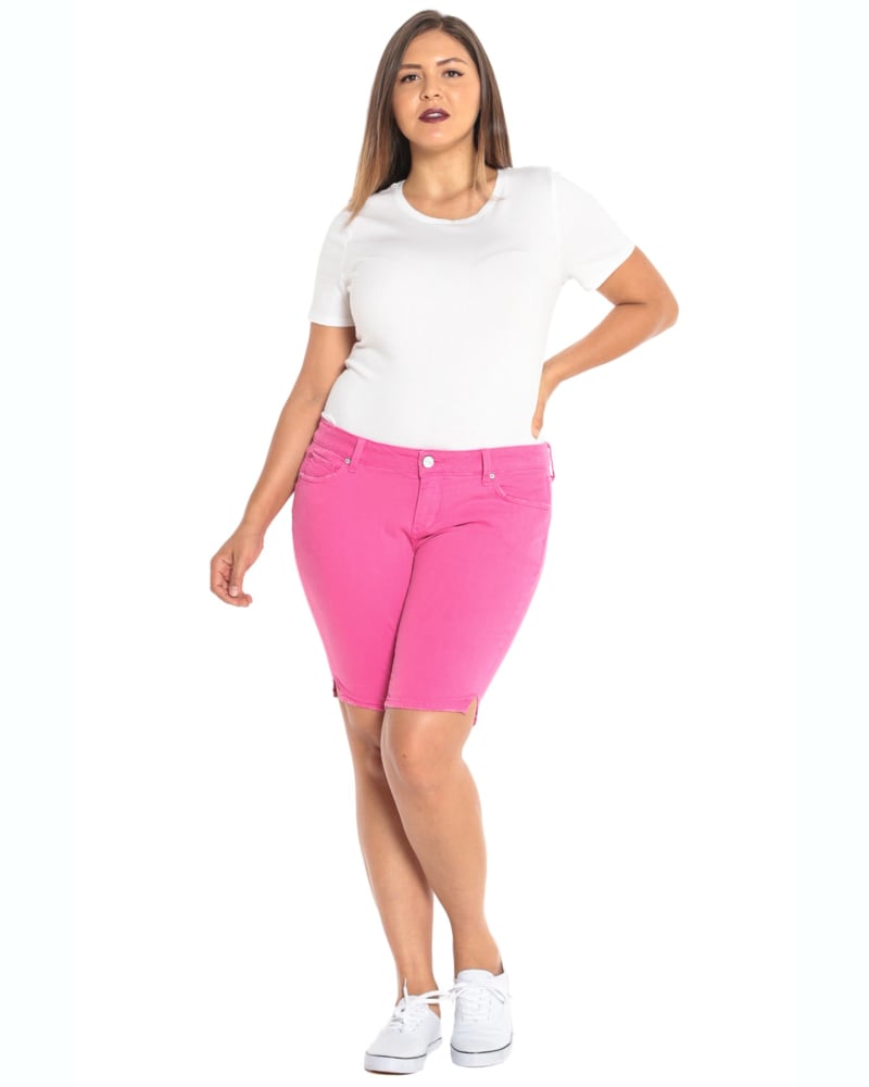 Front of a model wearing a size 22 Bermuda - Hot Pink in HOT PINK by Slink Jeans. | dia_product_style_image_id:311901